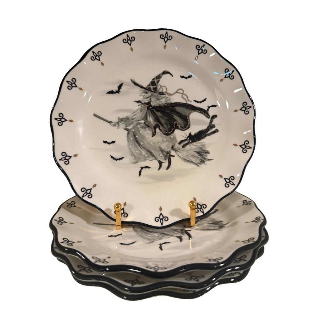 Potter's Studio Halloween Witch on Broom 8" Salad / Dessert Plates Set of 4 New
